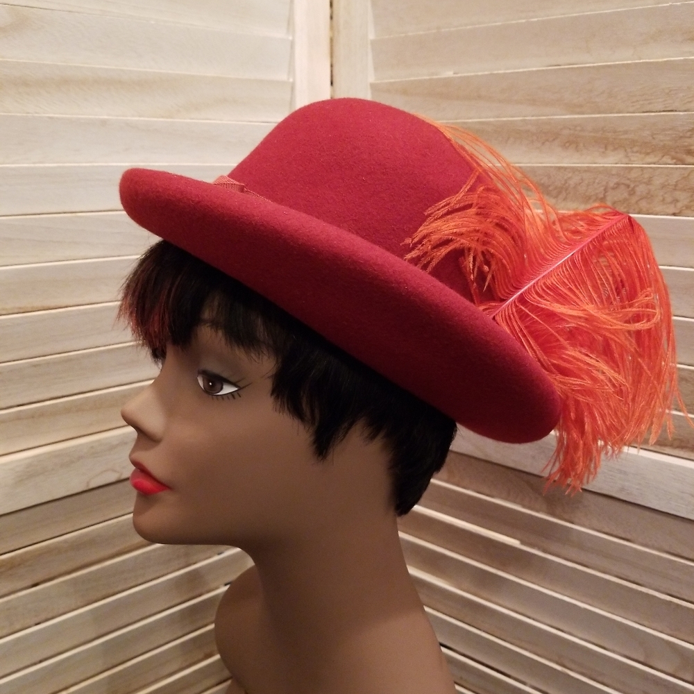 Women's Vintage Burnt Orange Bowler Hat With Feather